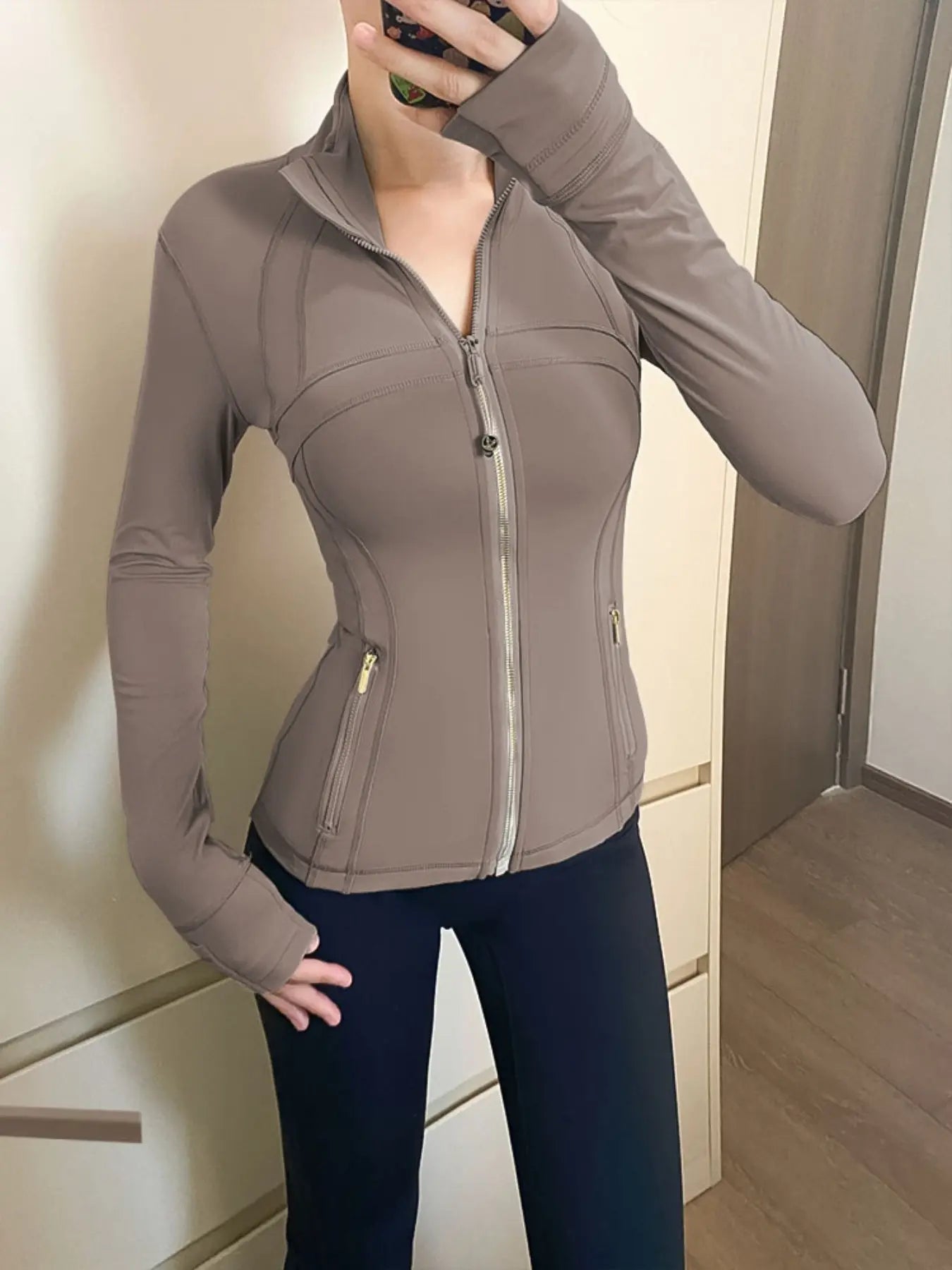 Spring Thin Stand Collar Fitted Jacket Zipper Running Sports Coat Fitness Yoga Top, Women'S Casual Outerwear